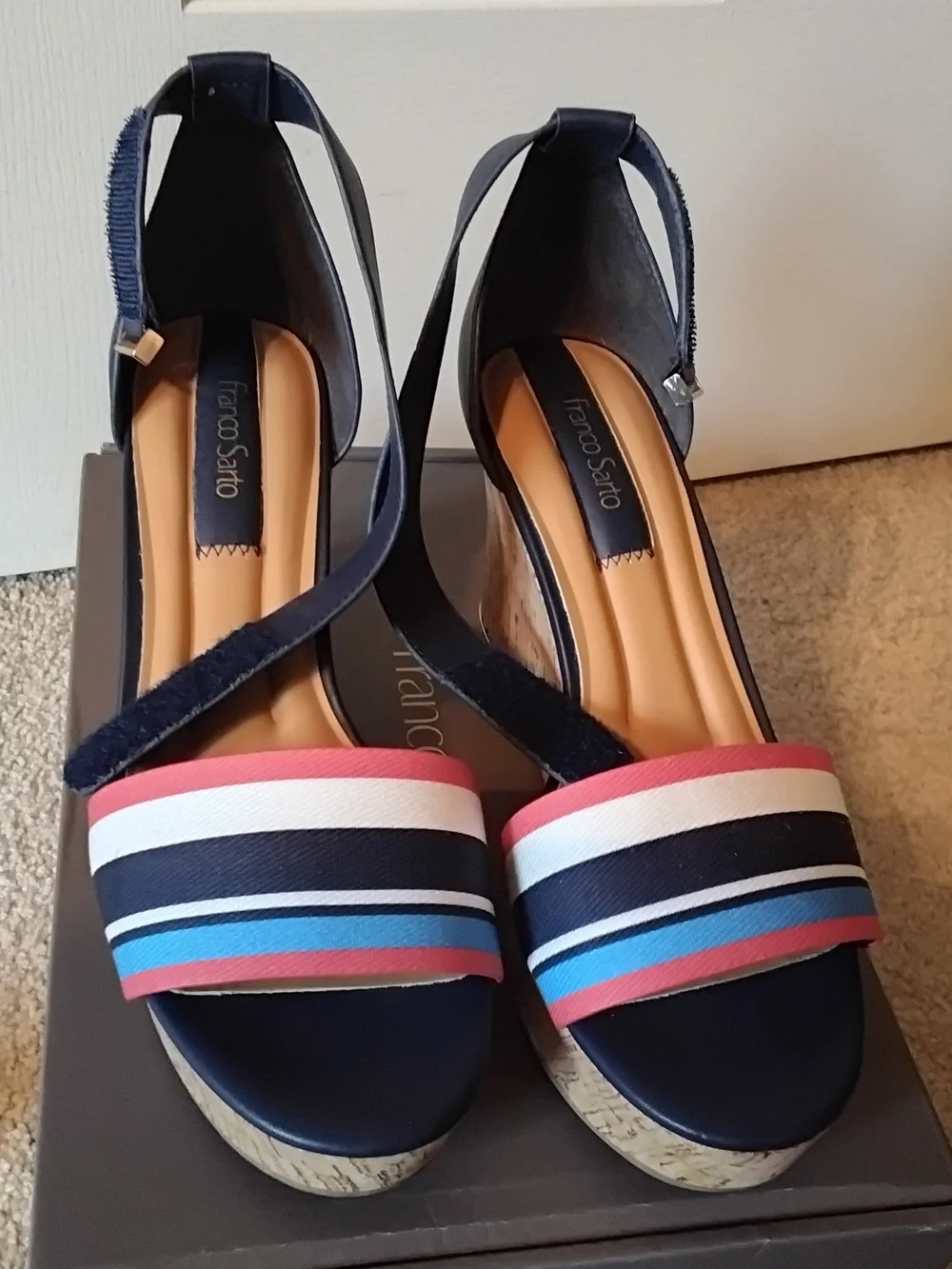Franco Sarto Clemons Navy Espadrille Wedge Sandals with Multicolor Stripes, 8.5